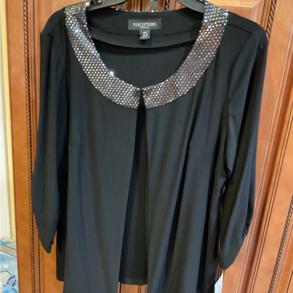 Perceptions Jacket Womens 16p Black Slinky Open Front 3/4 Ruched sleeves Dressy